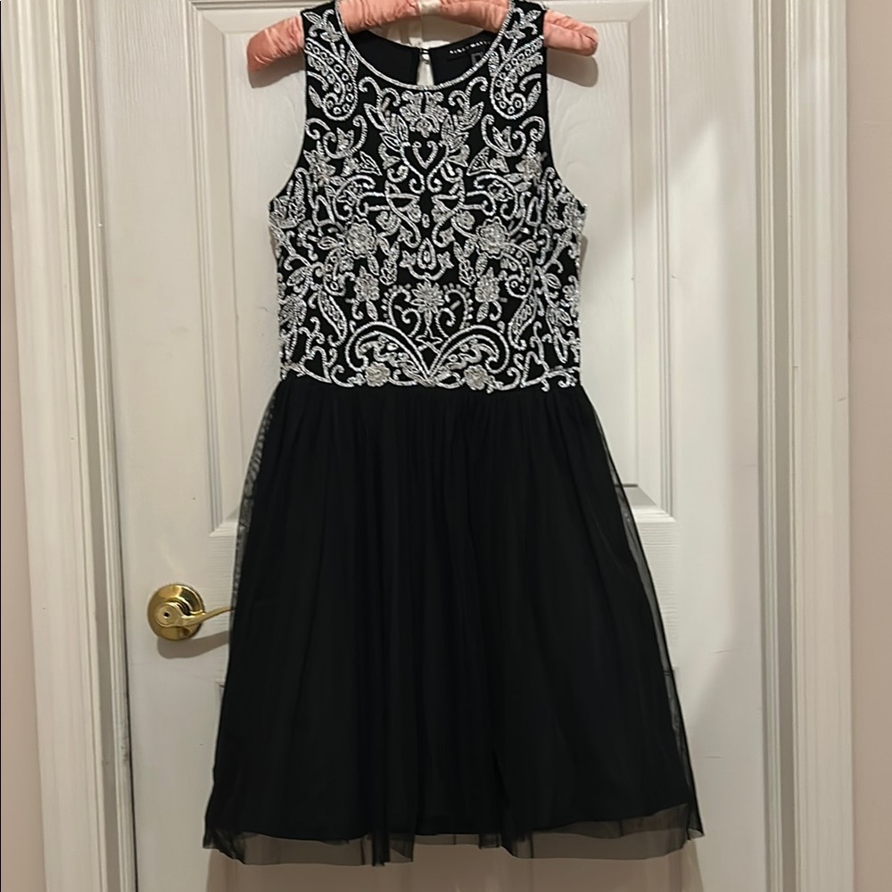 Aiden Maddox Black Tulle Opal/White Beaded Halter Bodice Mini Dress Size 6